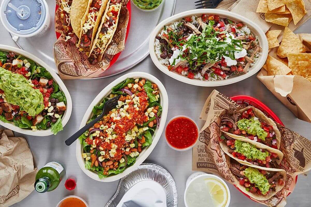 Overhead view of Mexican food on a table